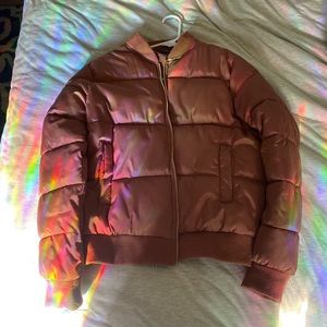 Pink puffer bomber jacket